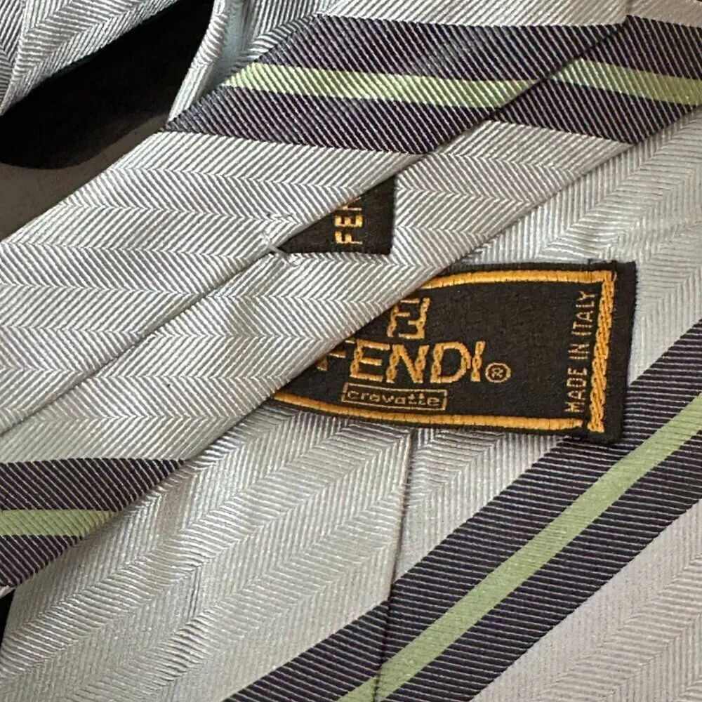 Fendi Silk Tie Necktie Neckwear Gray Silver Green Designer Striped Luxury